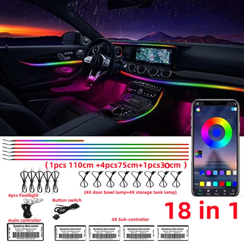 

18 in 1 Full Color Streamer Car Ambient Lights RGB 64 Color Universal LED Interior Hidden Acrylic Strip Symphony Atmosphere Lamp
