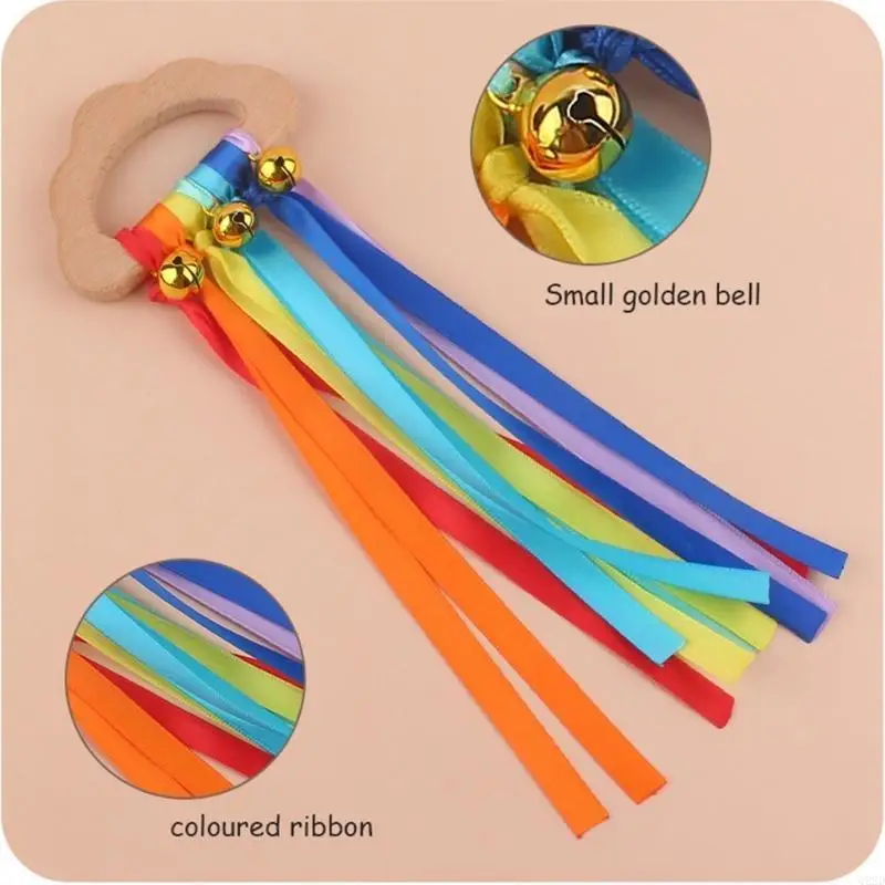 Q22d Rainbow Ribbon-Ring Toy Baby Teether Neverborn Baby Censory Toy Cloud Ribbon Molar Wooden-Circle Teether