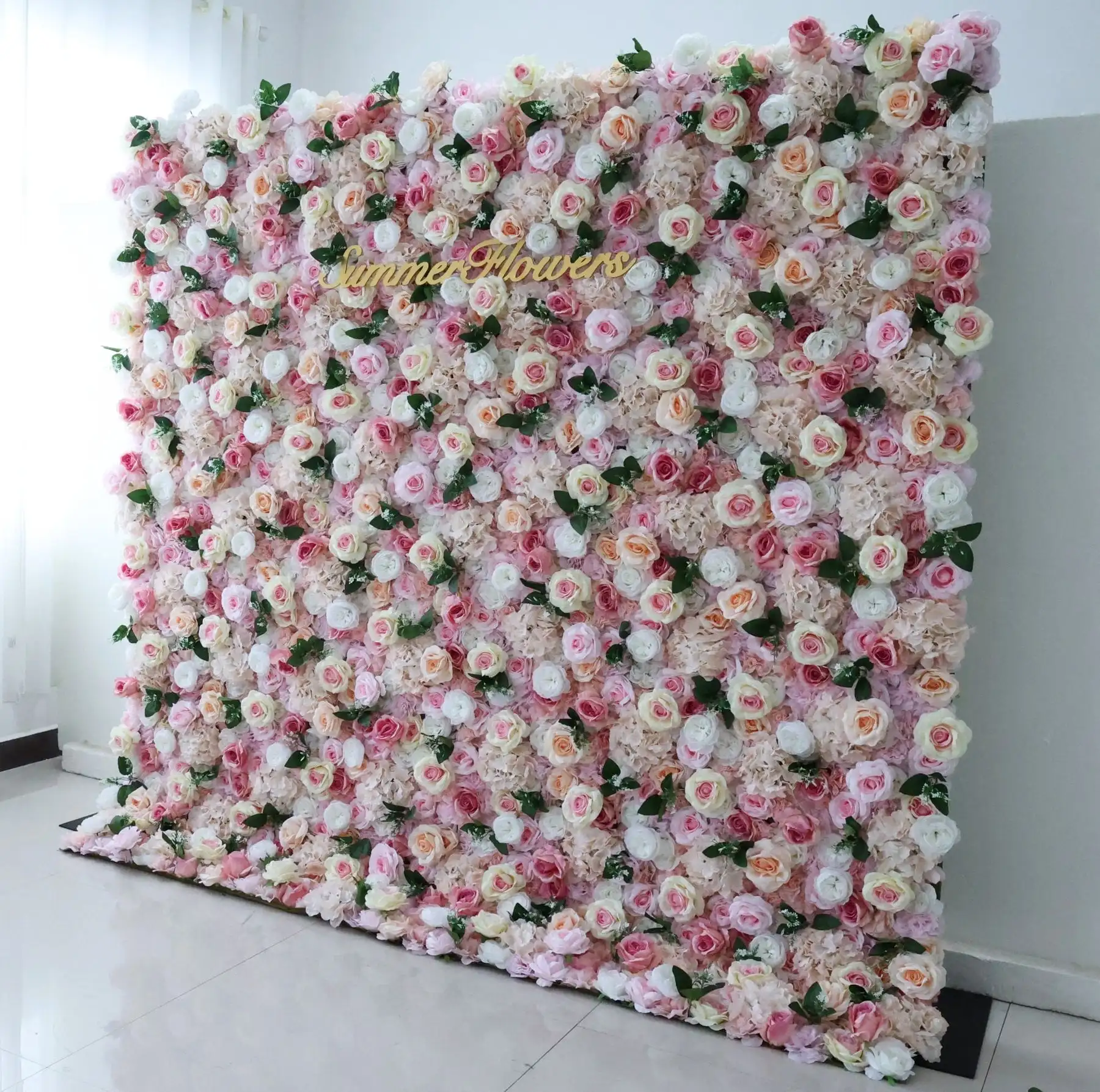 Royal Series Deluxe Pink Rose White Hydrangea 3D mixed flower fabric flower wall Wedding background props Rose peony green plant