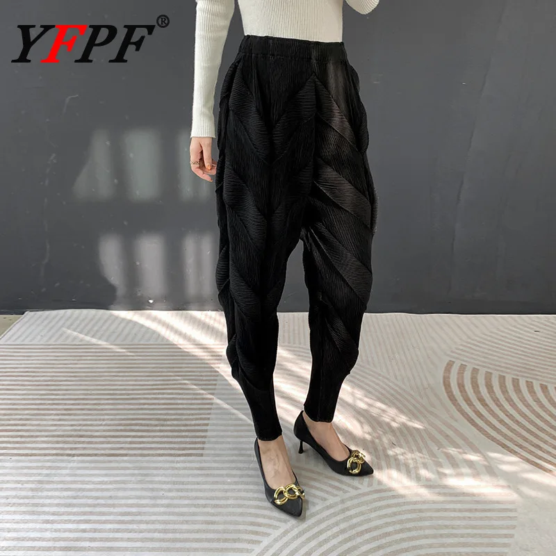 

YFPF 2026, весенние новые женские брюки, плиссированные дизайнерские свободные однотонные повседневные брюки с эластичной резинкой на талии, модная одежда