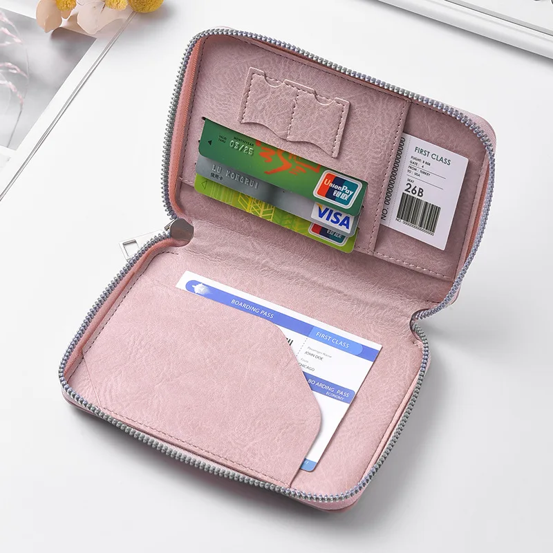 Bolsa para pasaporte con cremallera para documentos, bolsa para tarjetas de almacenamiento de billetes de vuelo de gran capacidad, clip para pasaporte de viaje a la moda
