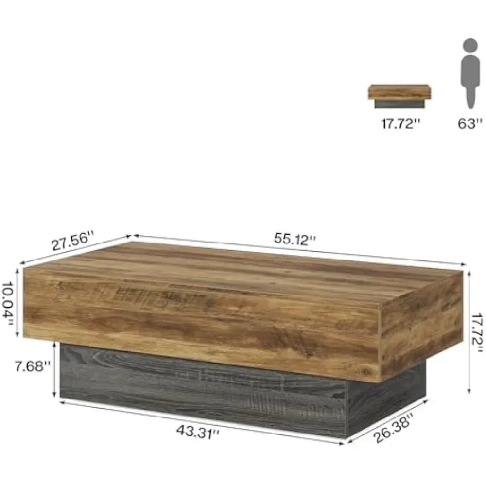USA Stock 55-Inch Farmhouse Wood Coffee Table, Rustic Large Rectangle Tea Table, Vintage Center Table For Living Room, Office Re