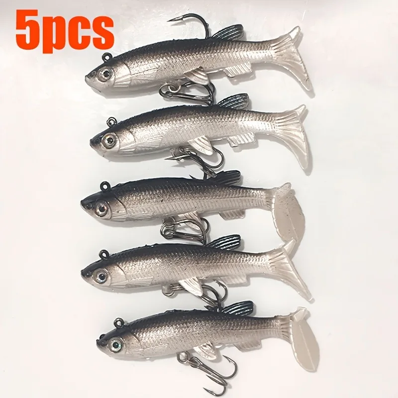 5Pcs Lead Jig T-Tail Soft Lure Double Hook Glow In Dark Bionic Artificial Fishing Bait