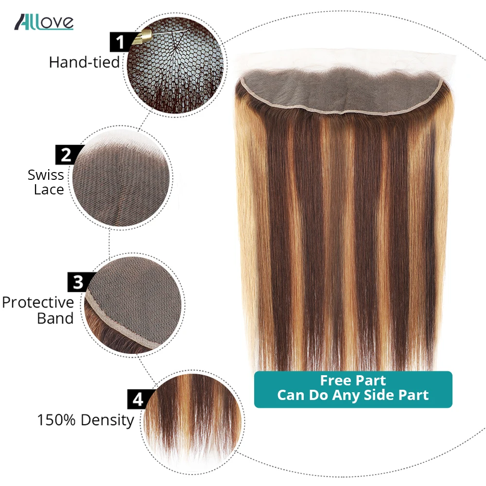 Allove-mechones rectos con malla Frontal de 13x4, extensiones con cierre Remy, color rubio miel, degradado