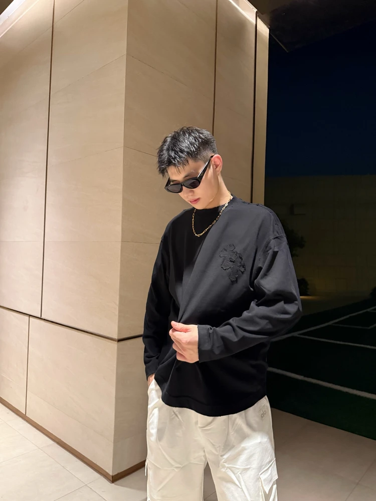 

Повседневная футболка с вышивкой и длинным рукавом, свободного кроя, из хлопка, с вышивкой крестиком, модные брендовые топы для пар, мужские и женские