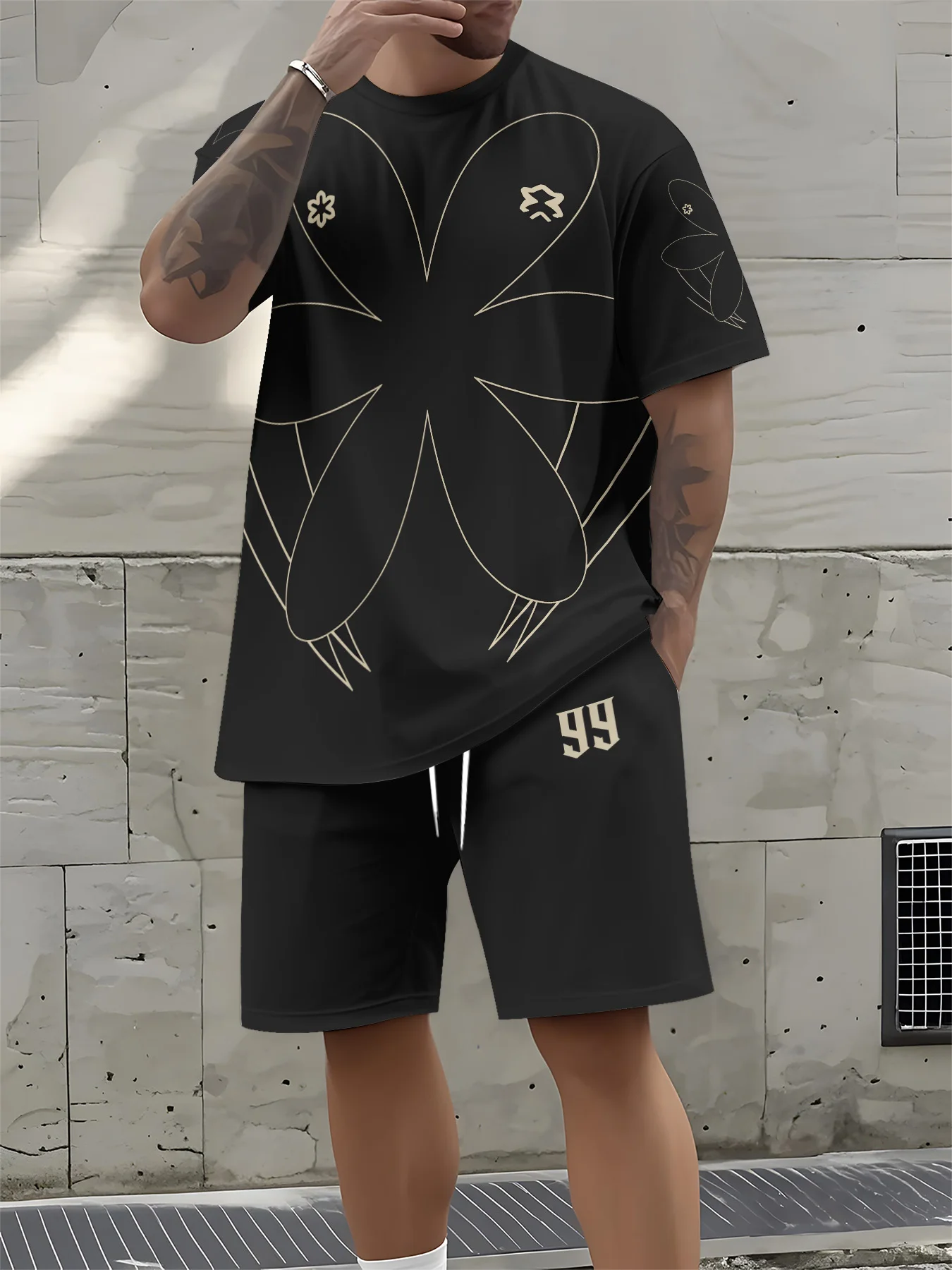 

2026 Summer New Men's Short-Sleeved Set with 3D Flower Pattern Print - Street Casual Fashion Comfortable and Breathable