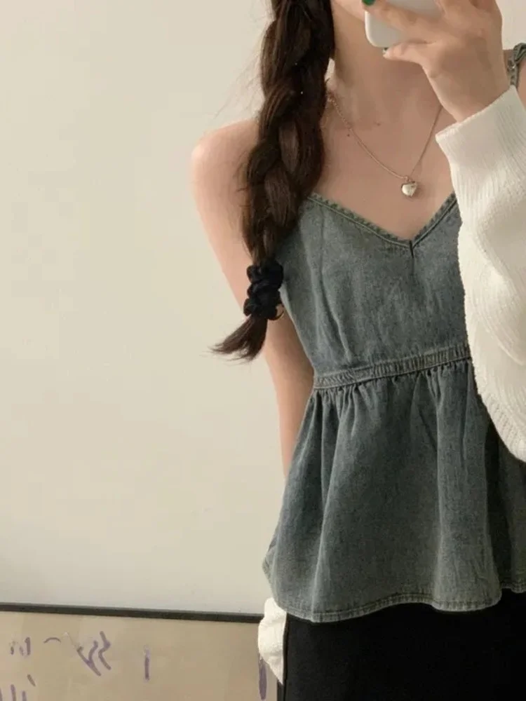 

Retro V-Ne Denim Strap Women's Summer New Hong Kong Sle Splicing Lace Trim Outerwear irt Commute Sle Regular Fit