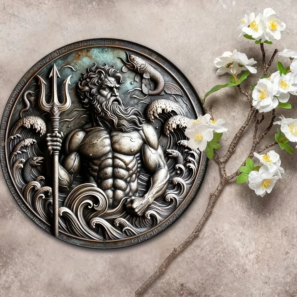 لافتة ألومنيوم مستديرة تحت عنوان بوسيدون (8 بوصة × 8 بوصة) - مثالية للأكاليل وديكور الغرفة والمطبخ والحديقة والمكتب والمرآب #4
