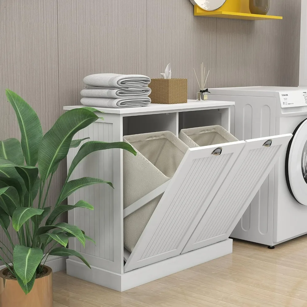 Tilt Out Laundry Hamper Cabinet with Removable Basket, Double Hidden Laundry Hamper Cabinet, Wood Bathroom Storage Cabinet