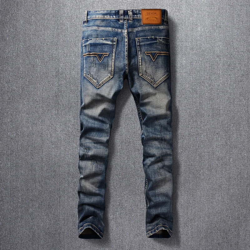 Nieuwe Designer Fashion Heren Jeans Retro Gewassen Blauw Elastische Slim Fit Gescheurde Jeans Herenbroek Gepatcht Vintage Denim Broek Hombre