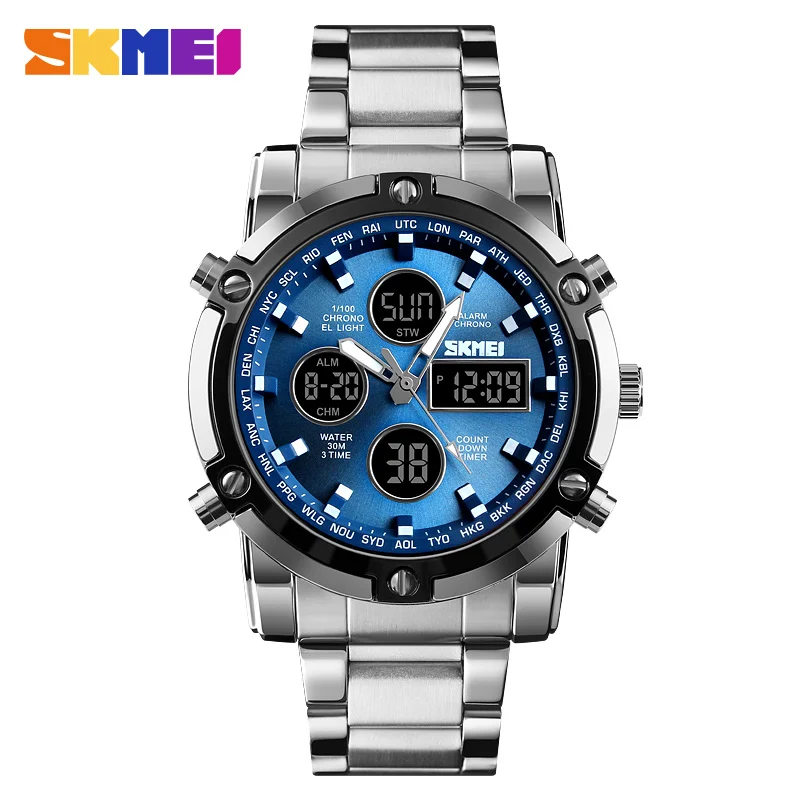 

SKMEI Men Countdown Quartz Watch Dual Display Watch Sports Electronics Wristwatches Three Time Digital Watches Relogio Masculino