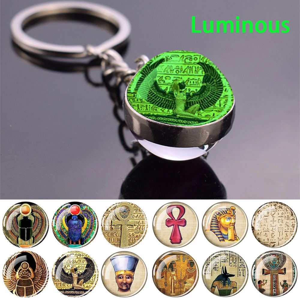 

Luminous Ancient Egypt Ankh Culture Keychain Pharaoh Pyramid Sphinx Anubis Scarab Goddess Glow In The Dark Glass Ball Keyring