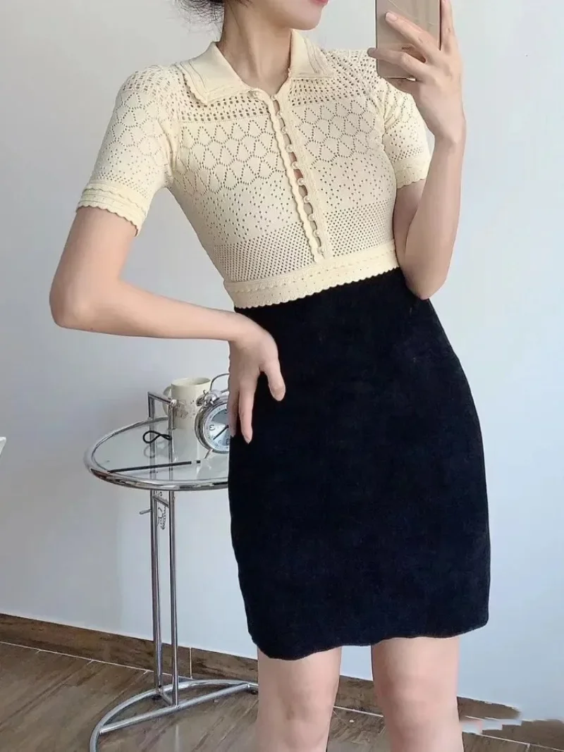 2024 French Style Hollow Out Elegant Women Dresses Contrast Color Patchwork Slim Fit Robe Female Autumn Knitted Vestido Feminino