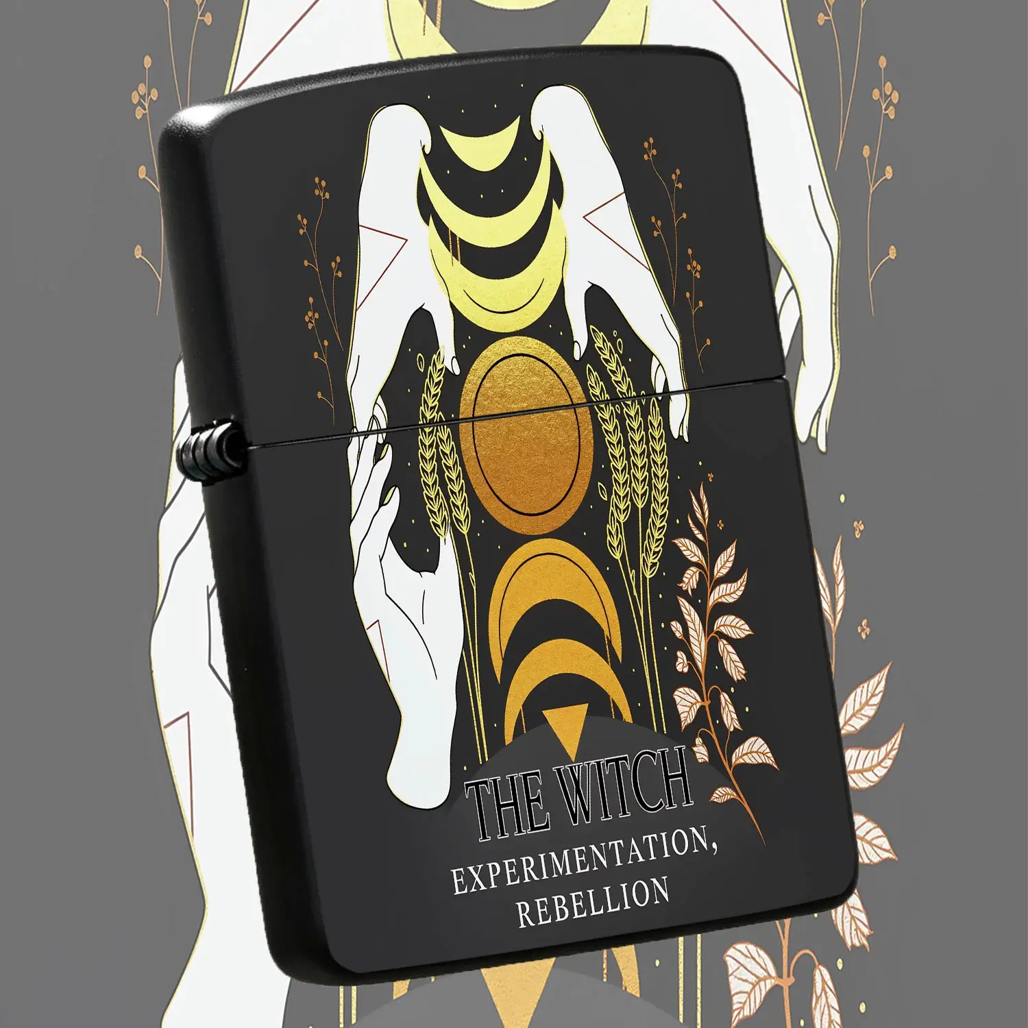 Vintage Mystical Witch Themed Pocket Lighter, Artistic Design With Moon Phase And Wheat Sheaf Patterns, Delicate Aesthetic Portable Accessory, Perfect For Outdoor Trips, Daily Incense Lighting, Home Ritual Scenes, Uniqu A Humorous And Inter