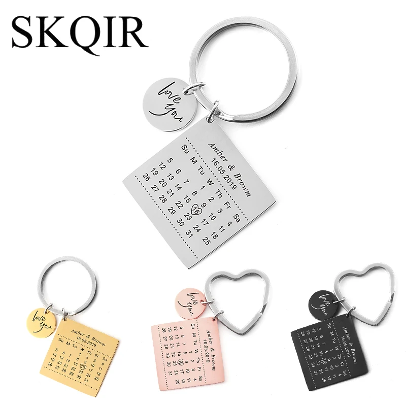 SKQIR Custom Calendar Birth Date Tag Keychain Engrave Love Text Name Key Chains Heart Circle Keyring Women Personalized Jewelry