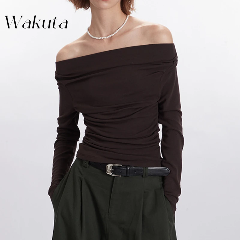 Wakuta American Retro 2025 Early Spring One Shoulder Swing Collar Long Sleeve Tees Irregular Short Style Spicy Girl Top 민소매 티 여성