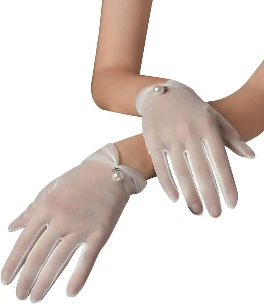 QRBTSCL Women's Short Satin Gloves for Wedding Wrist Short Evening Party Dressy Bridal Lace Tulle Gloves