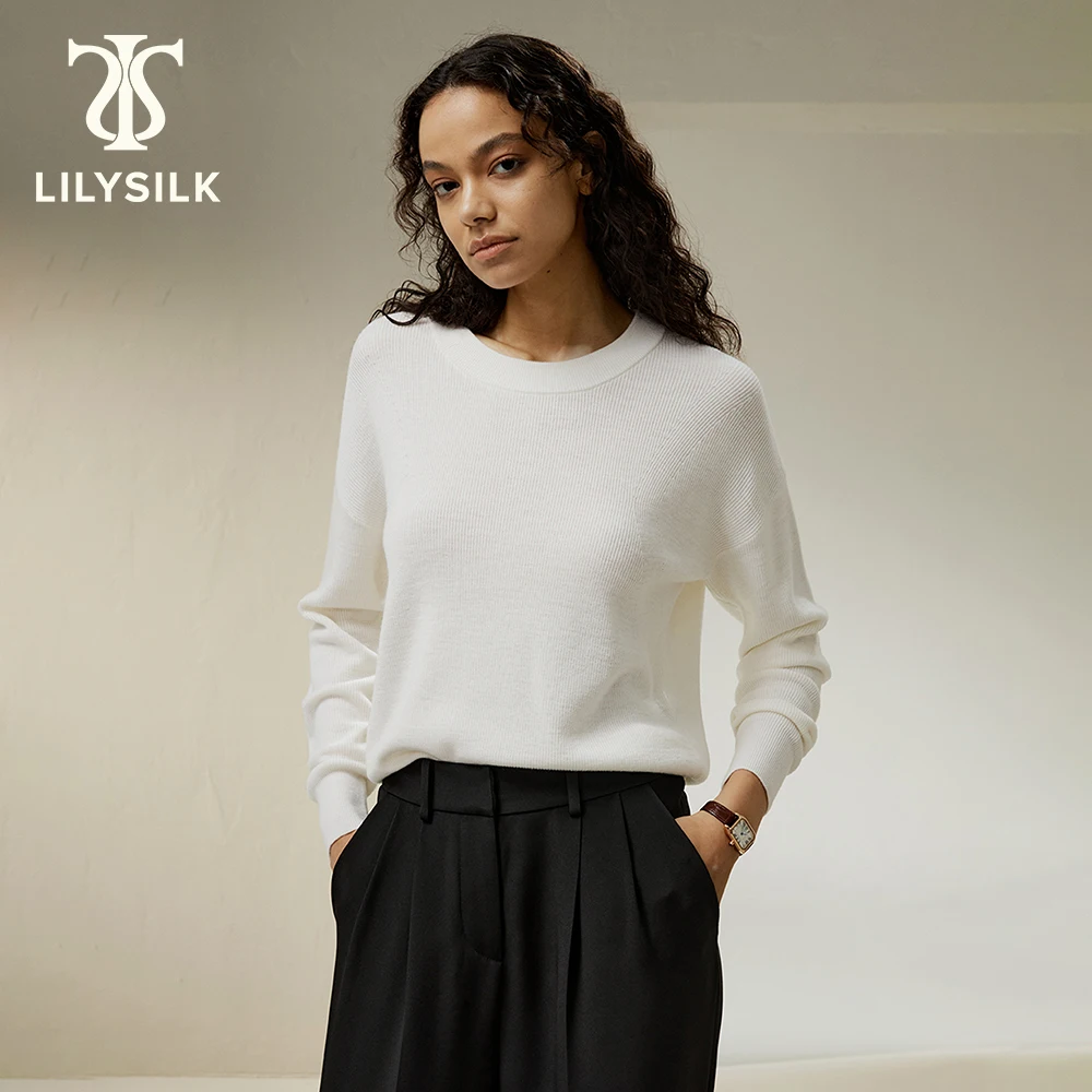 

LILYSILK Women Merino Wool Sweater 2023 Winter Casual Drop-Shoulder Pullover Crewneck Soft Luxury Top Traf Free Shipping