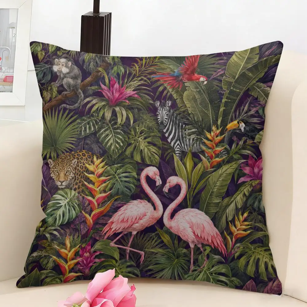 Jungle Tropical Green Animals Cushion Cover Linen Pillow Cover 40x40cm Decorative Cushion Case Boho Home Sofa Decor Gift