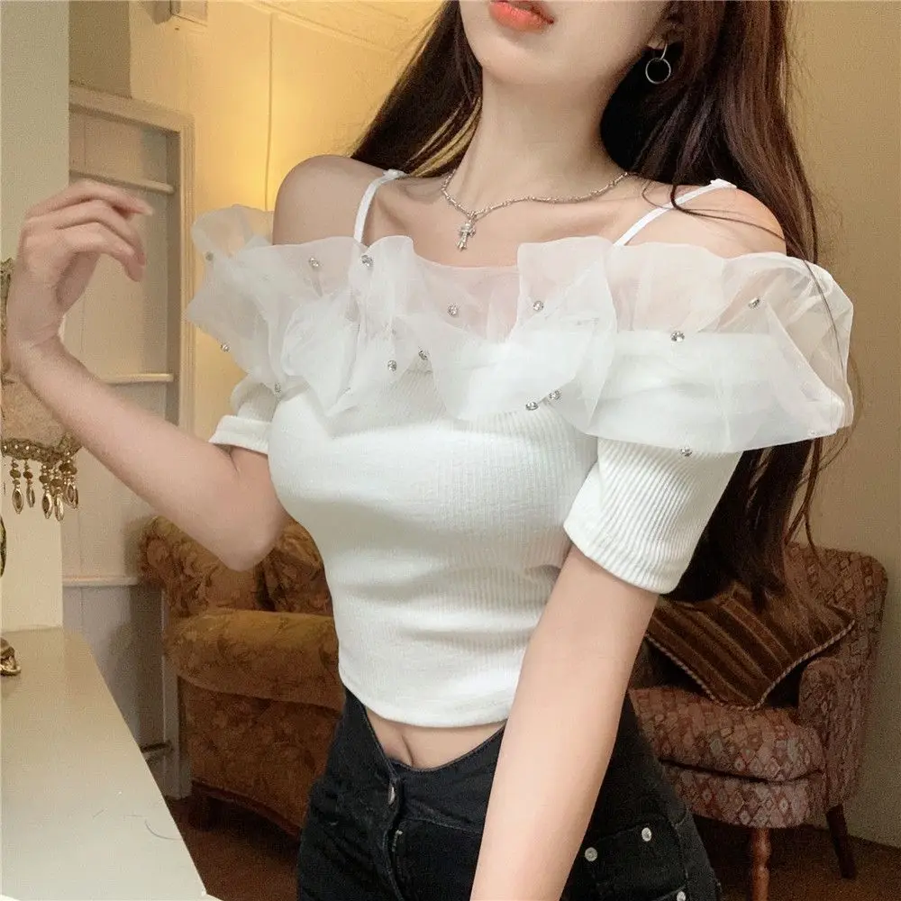 Short Sleeve T-shirts Women Slash Neck Mesh Diamonds Slim Crop Tops French Style Elegant Instagram Summer Hot Sweet Stylish Sexy