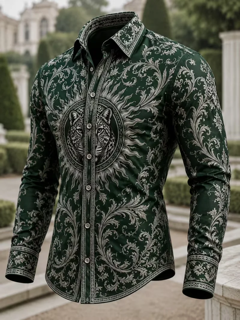 New rice white gold diamond flower diagonal striped printed shirt, light luxury men's slim fit long sleeved shirt