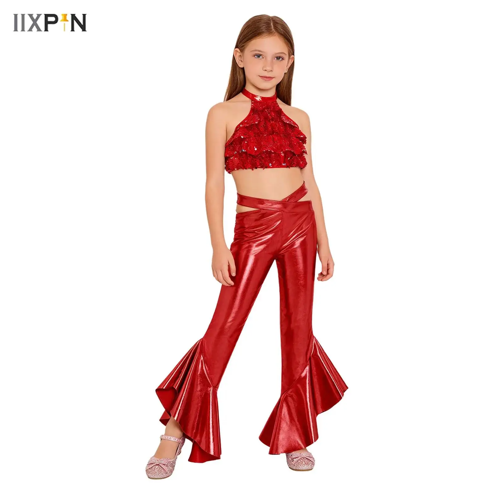 

Kids Girls Metallic Shiny Hip Hop Jazz Street Dance Disco Outfit Crop Top Vest with Flare Pants School Show Party Costume