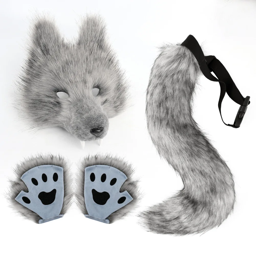 Simulated wolf mask set wolf teeth three-dimensional animal tail plush tail Halloween dance party props