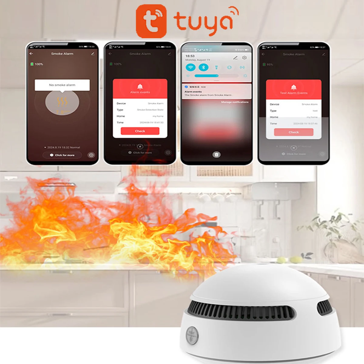 CPVAN Tuya Sensore rilevatore di fumo antincendio Allarme fumo WiFi Sicurezza domestica intelligente per camera Cucina Negozio Sensore di allarme sonoro antincendio