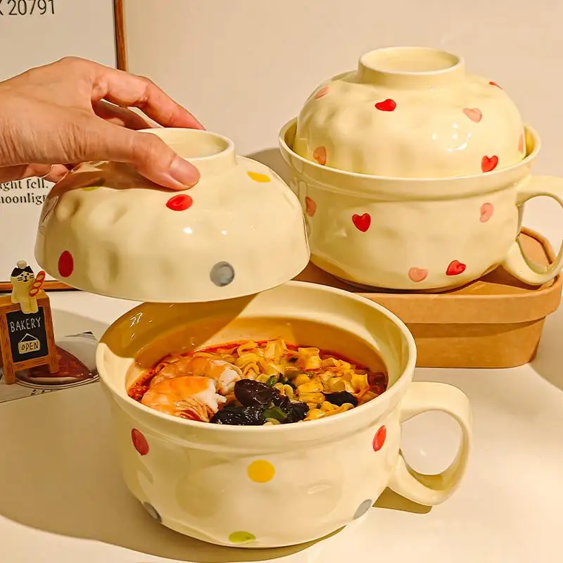 

Ceramic Noodle Soup Bowl with Lid Creamy Style Dining Bowl for Students Dormitory Use Personal Dedicated Convenient Noodles Bowl