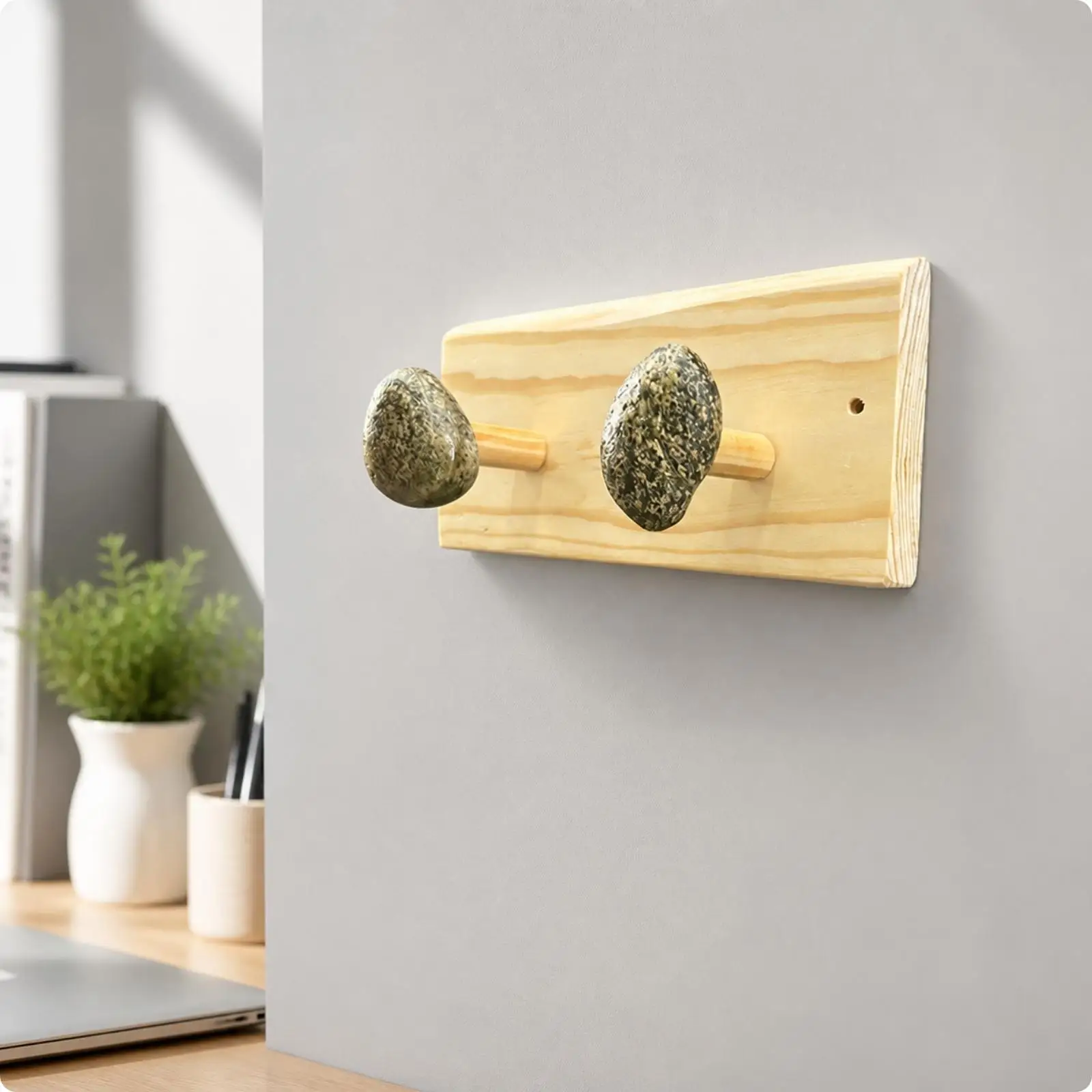 Wooden Coat Hook Rack with Stone Accents Easy Installation Wall Hook Rack with Mounting Screws Stone-Faced Wall Coat Hanger