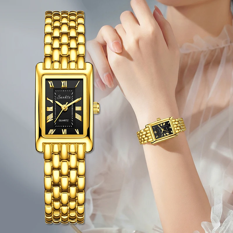 

Новые золотые женские часы SUNKTA 2026: квадратные, из нержавеющей стали, водонепроницаемые, с элегантным браслетом, кварцевые.