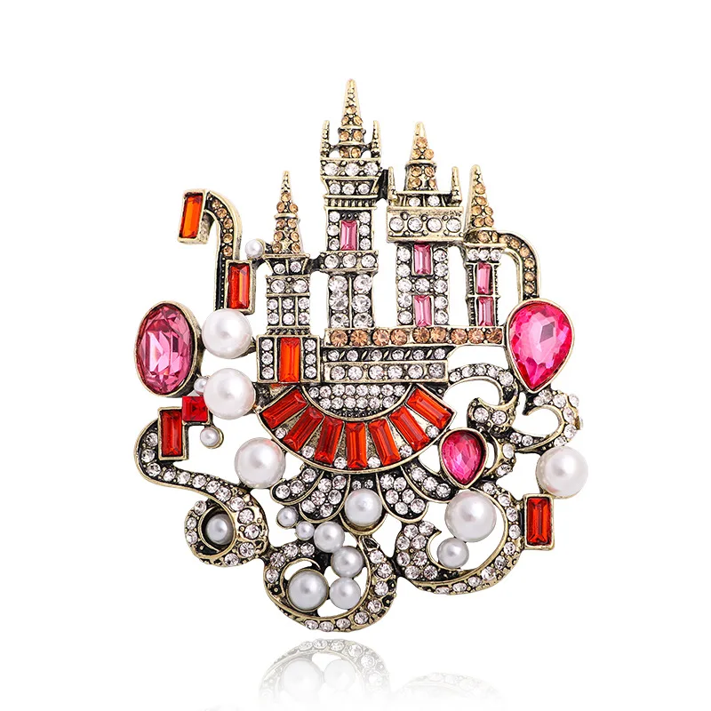 Vintage style castle alloy rhinestone brooch colorful diamond crystal pearl Badge