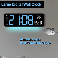 Large Digital Wall Clock LED Alarm Ambient Lights Temp Date Week Display with Remote Control for Home Living Room