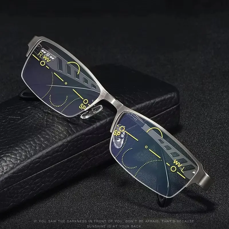 Automatic Adjustment Photochromic Multifocal Reading Glasse Progressive Anti-Blue Ray Business Spectacles Half-Frame +4.0