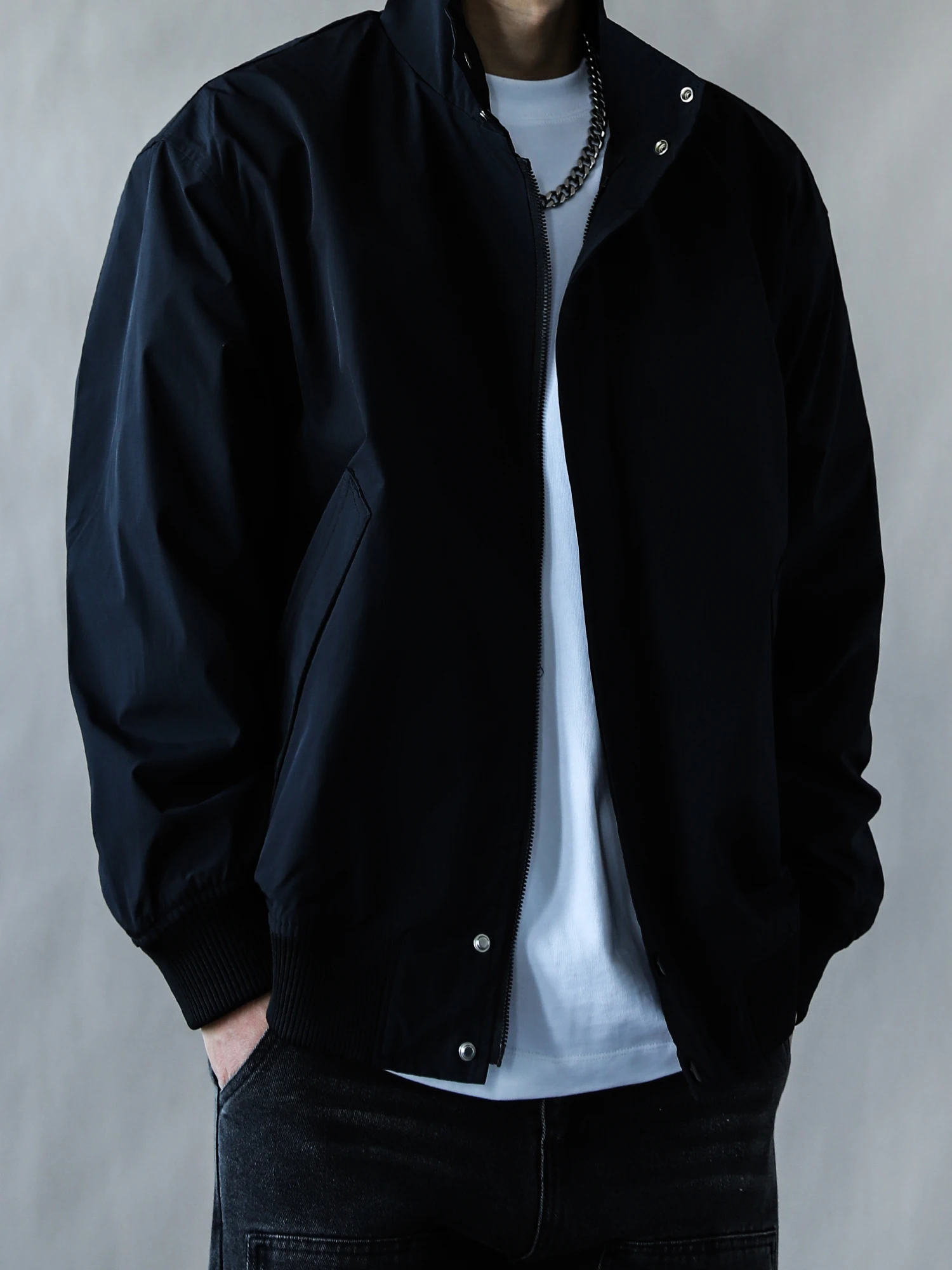 

American Retro Stand Collar Jaet Men's Loose Zipper Outerwear Bla Casual Top Long Sve Simple Spring Autumn Wear