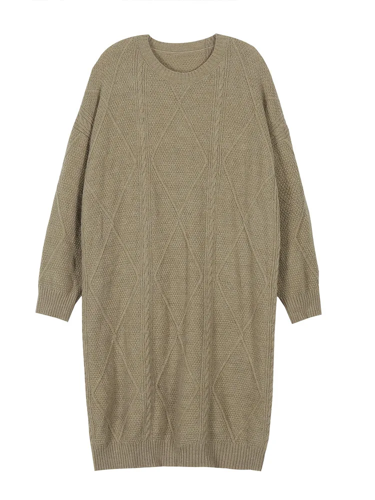 جديد حجم كبير الرقبة المستديرة كابل متماسكة فضفاضة ميدي فستان فوقي اليومية مريحة المرأة سترة الخريف الشتاء الدافئة الكاكي الملابس النسائية