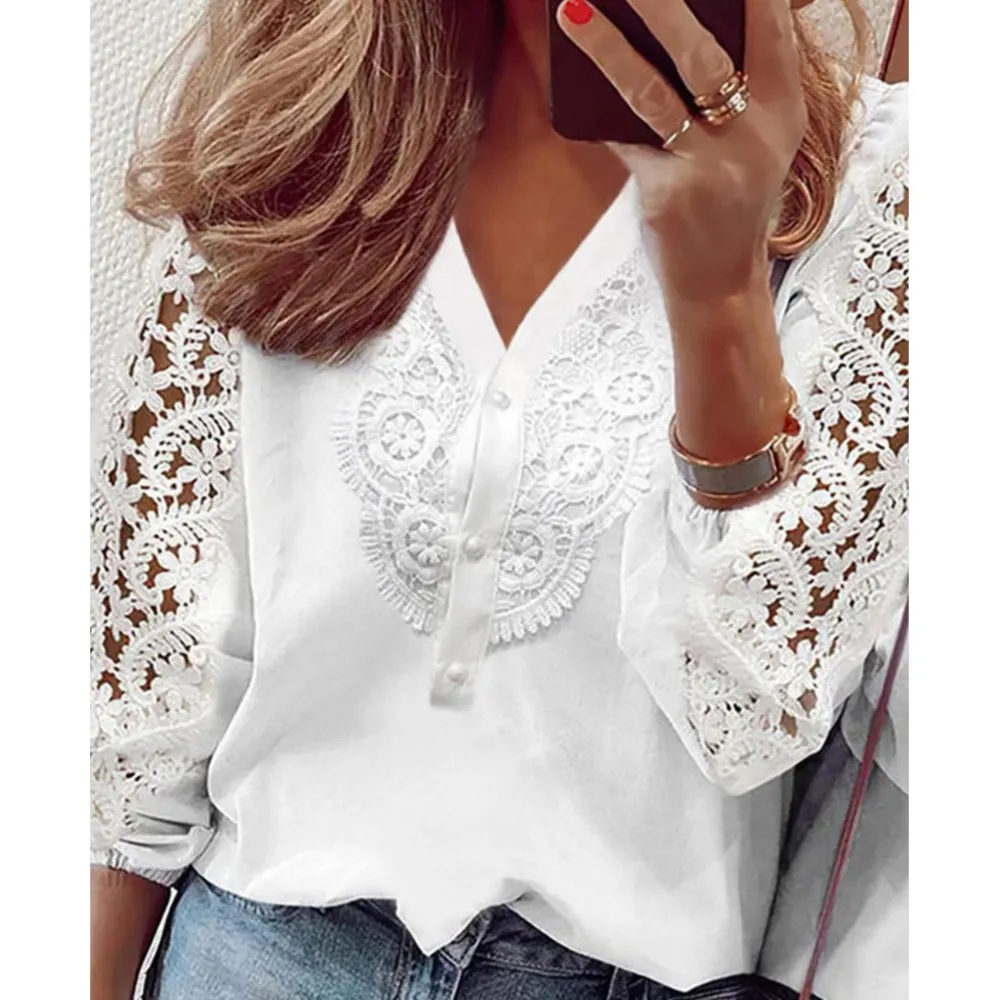 Elegant Women\'s Blouse White Shirt 2024 Summer Lace Hollow Panel Long Sleeve Solid Shirts Office Lady Tops S-XXXL Blusas Femme