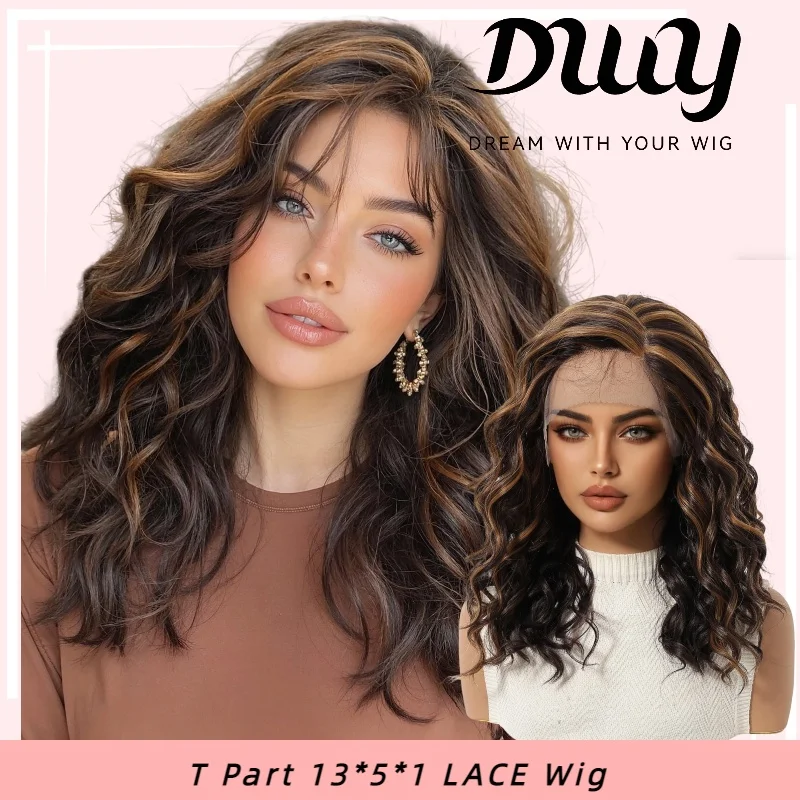 

DWY 13*5*1 T Part Lace Front Synthetic Wig Brown With Blonde Highlights Wavy Long Side Part Synthetic Hair For Women Daily Party