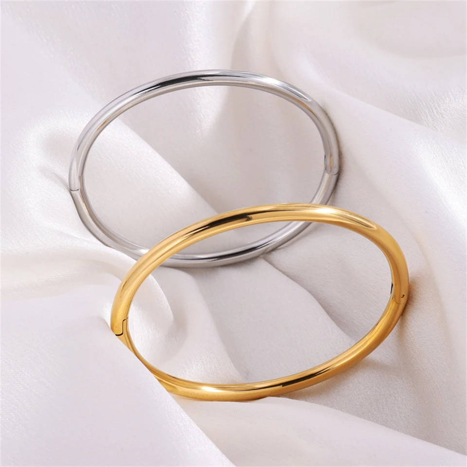 Yupsk Glossy Gold Color Stainless Steel Cuff Bangle for Women Smooth Thin Cylinder Bracelet Exquisite Waterproof Jewelry Gift