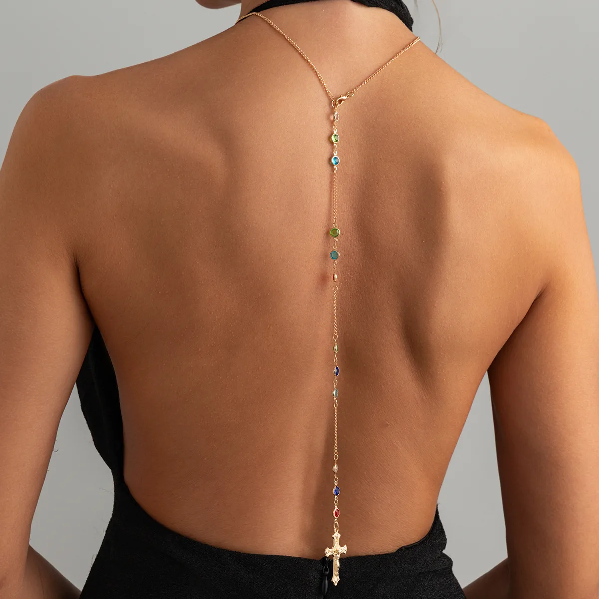 Minimalist Cross Crystal Back Necklace Body Chain for Women Simple Delicate Cubic Zirconia Gold Chain Open Back Dress Jewelry view 4