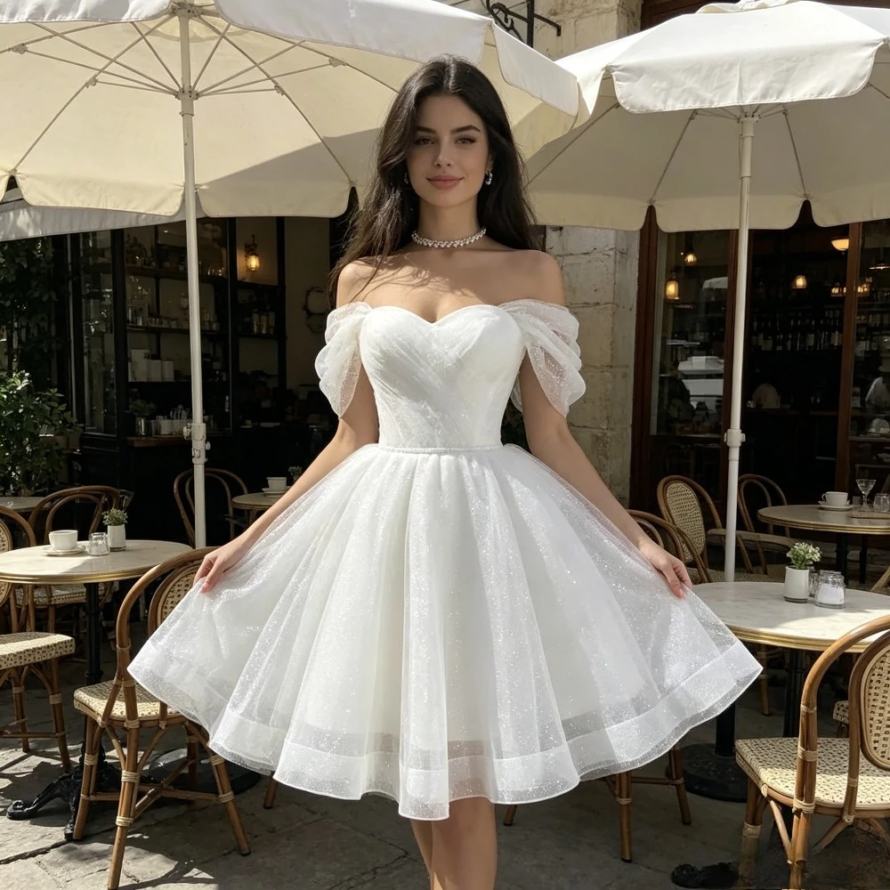 Customized Shiny Off Shoulder Chiffon Short Wedding Dresses 2026 Bubble Sleeves Tight Corset Mini Bridal Gown with Lace Up Back