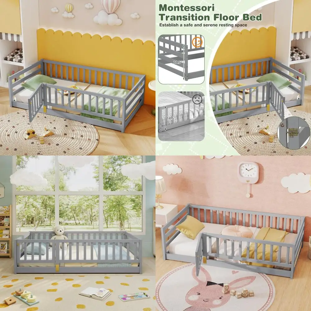 

Twin Size Montessori Wood Bed Frame with Full-Length Guardrails, Door, and Latch
