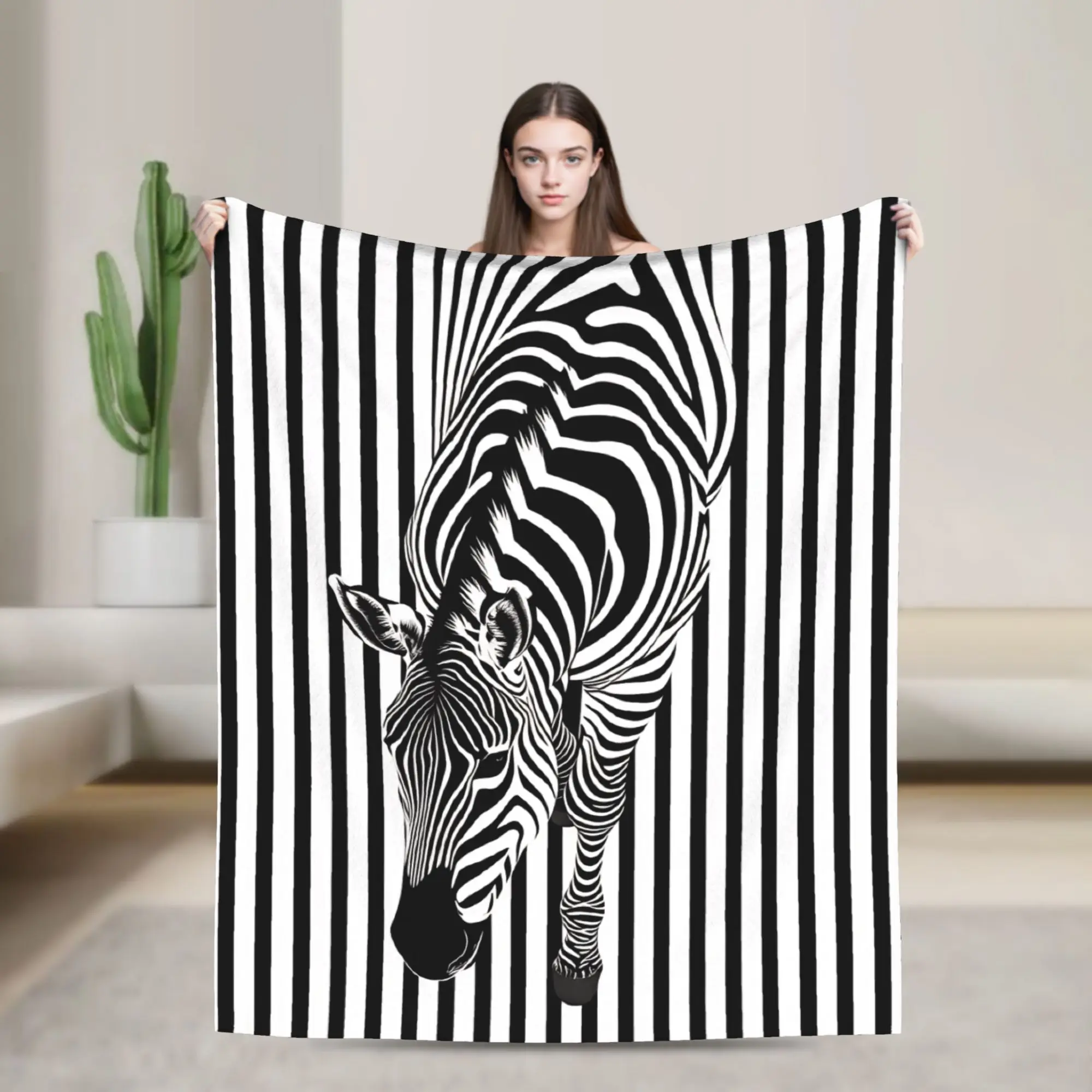 Zebra With Vertical Stripes Optical Art Warm Comfy Blankets For Couch Bed Novelty Throw Blanket Spring Camping Flannel Bedspread
