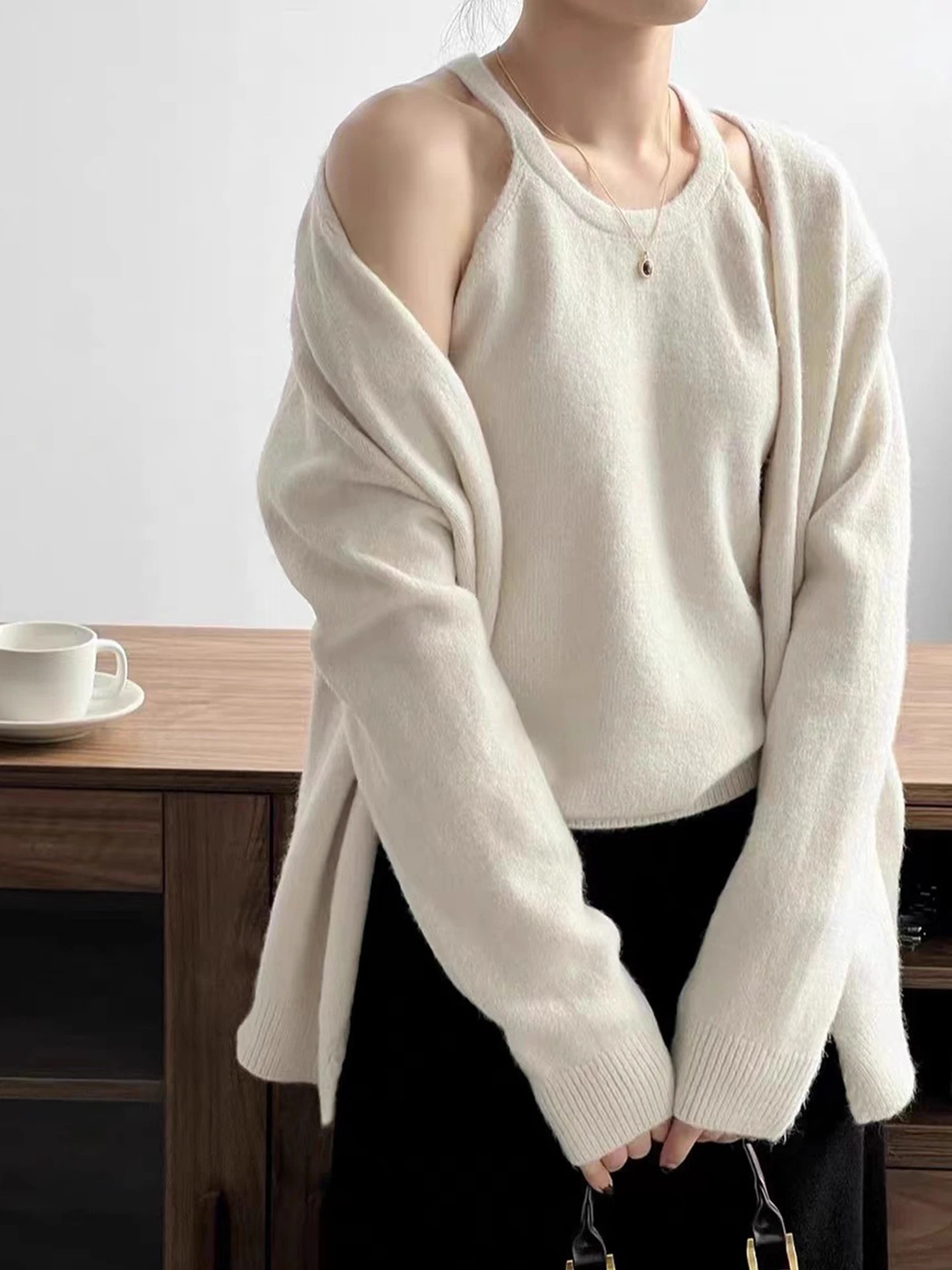 Modny zestaw: kardigan i kamizelka z dzianiny dla kobiet, długi rękaw, okrągły dekolt, wysoki stan, styl do pracy, kolekcja jesień 2025