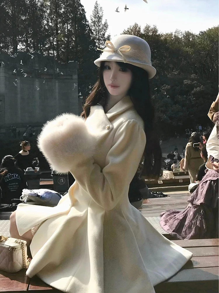 Płaszcz wełniany damski, modny, wyszczuplający talię, styl koreański, do pracy, z włókna poliestrowego, nowość na zimę.