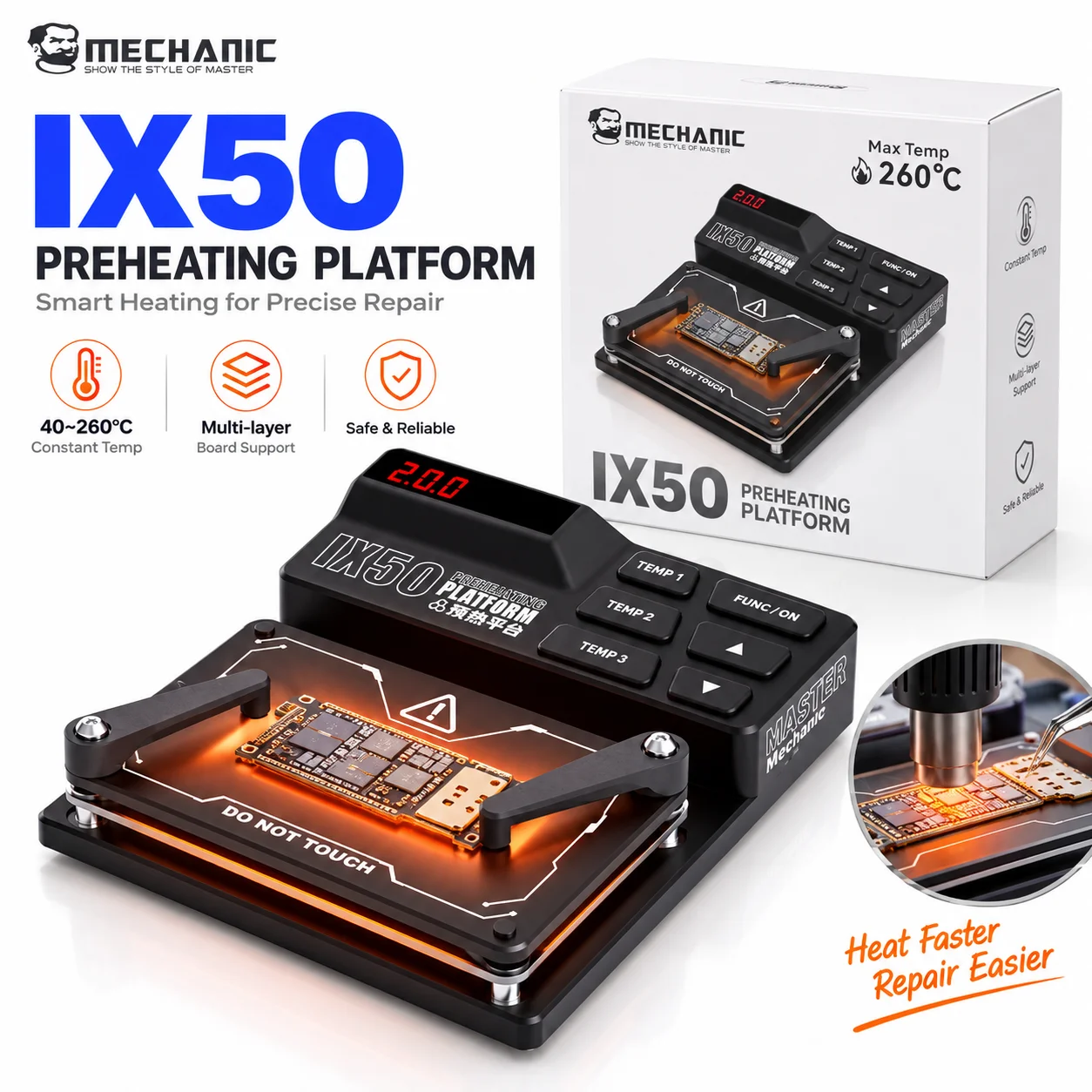 MECHANIC IX50 Preheating Platform PCB Mainboard Heating layering Station40-260°CAdjustable for iPhone 11-17 Series Repair Tool