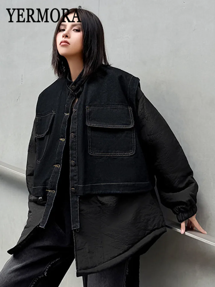 YERMORA negro falso dos piezas empalmado Denim Casual Chaqueta de algodón mujeres de manga larga suelta Chaqueta nueva moda Otoño Invierno 2025