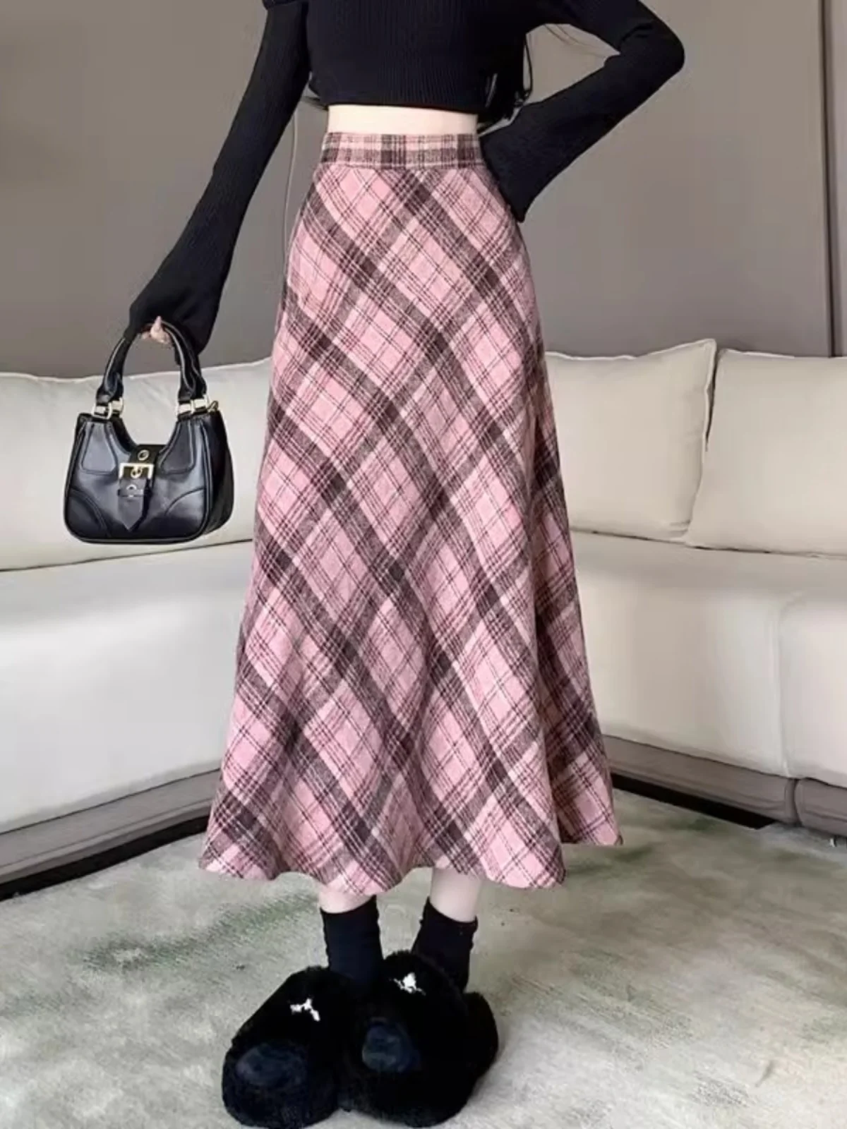 

Pink Plaid Woolen A-Line Midi Skirt High Waist Slim Fit Drapey Autumn Winter New Sle Faion Versatile f-length Skirt