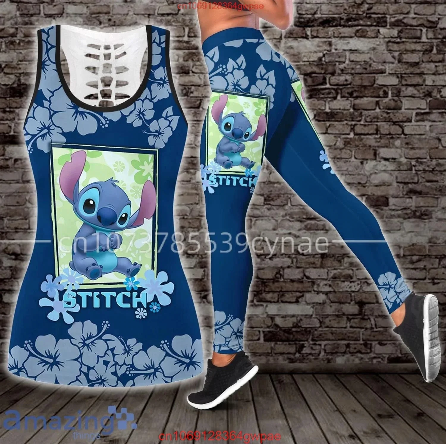 Disney Stitch Women's Book Hollow Vest + Women's Leggings Yoga Suit Fitness Leggings Sports Suit Tank Top Legging Set Outfit St