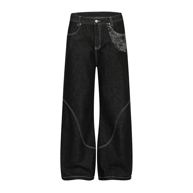 

High Waist Floral Embroidery Denim Pants Women's Spring Straight Leg Floor-Length Trousers Patchwork Wide Leg Jeans